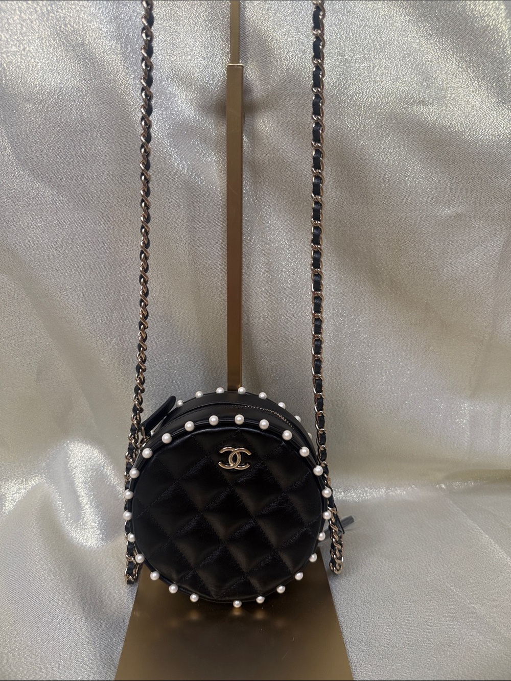 CHANEL Black Lambskin Quilted Round Crossbody with Pearl Trim with Chain